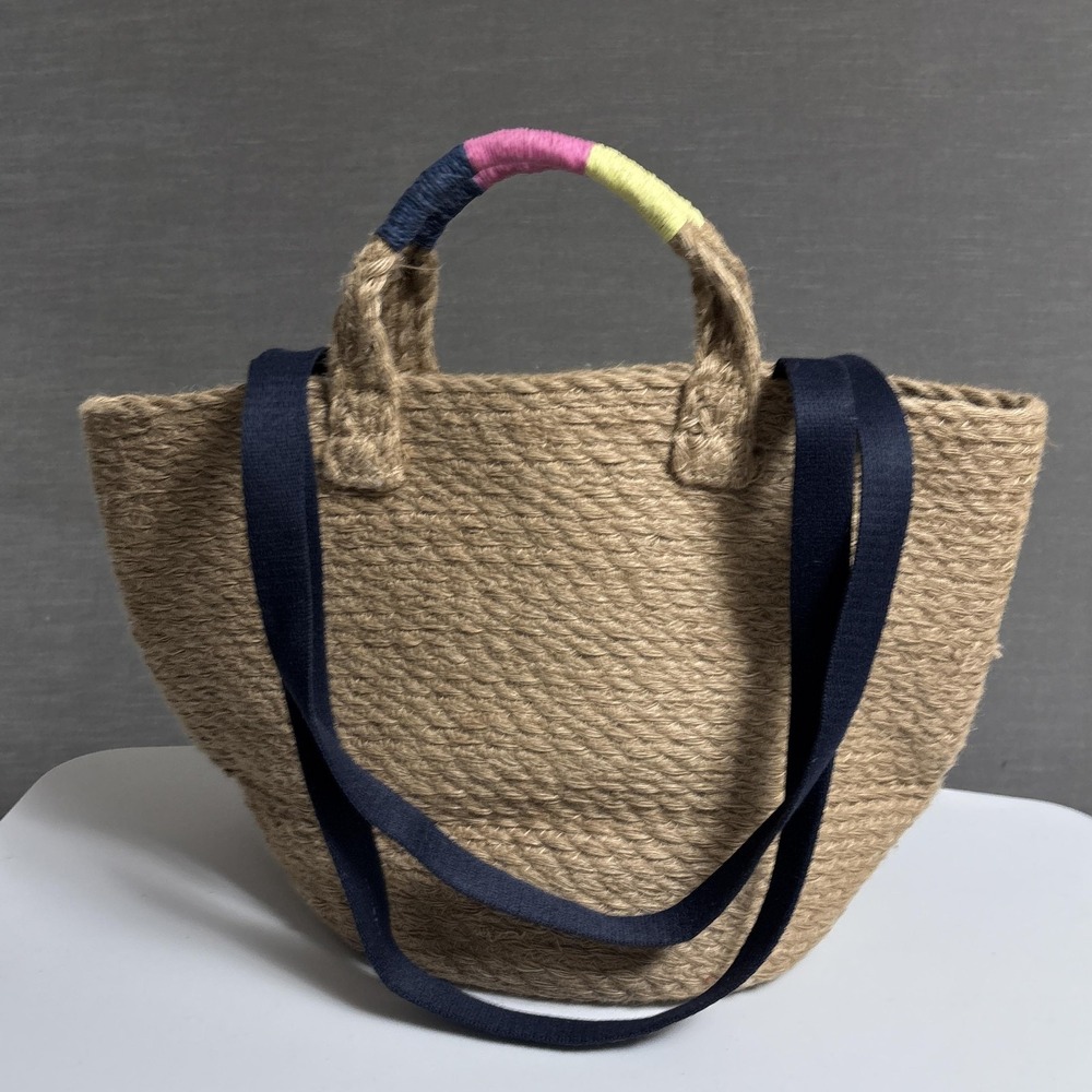 GAP Tote Bag Natural Jute Double Navy Straps Handle Beach Boho Summer Nautical - Picture 2 of 16